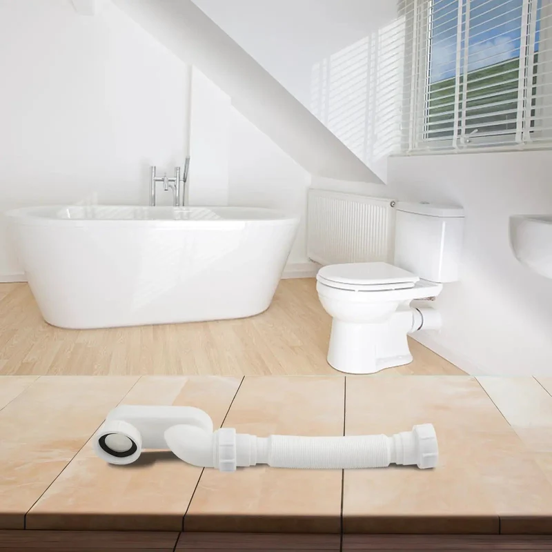 Flexible Rubber Low Profile P Trap With G1-1/2 Threaded Ends For Bathtub Drainage No Sweat Quick Install Swap Saves Precious Cabinet Space Fits Comfortably Inside