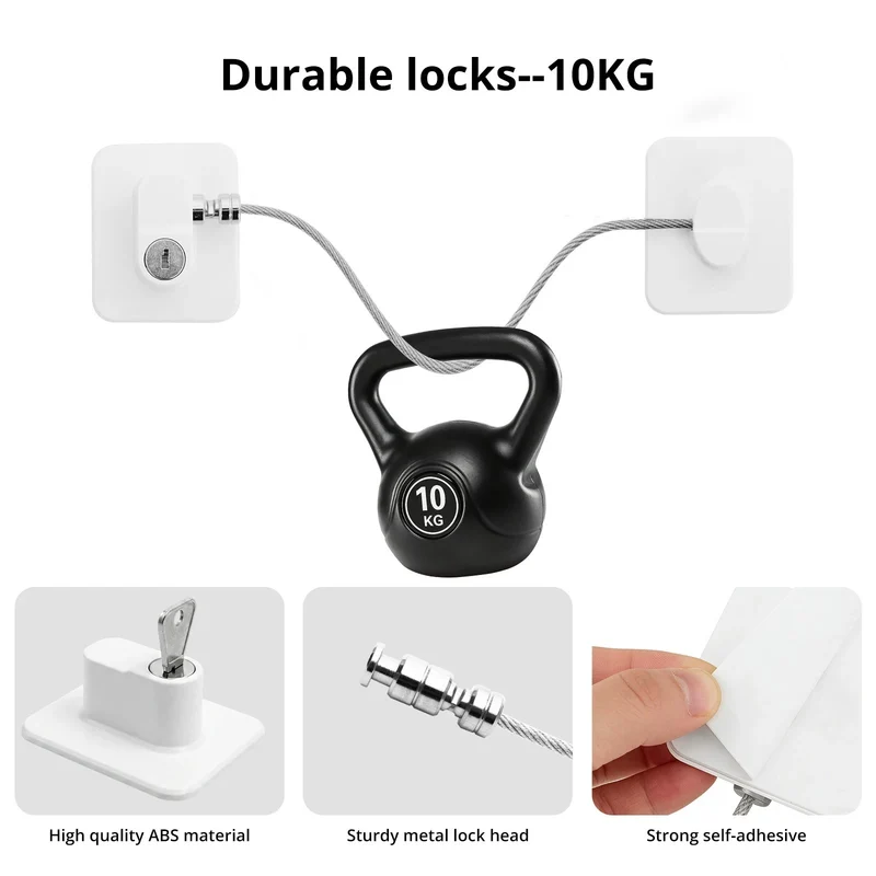 SMAD Generic 2 Pack 18cm Adhesive Child Safety Cable Locks, ABS & Metal Construction with 10KG Load Capacity, No Drill Self-Adhesive Baby Proof Locks