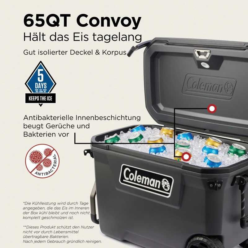 Coleman Convoy 65QT Wheeled | 66 Liter Kühlbox mit Rollen | 5 Tage Kühlung