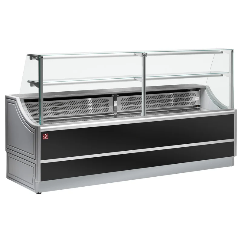Neutrale Theke 150 cm , Beleuchtete Edelstahl-Auslage & gerader Glasaufbau, OL150/B2-NN