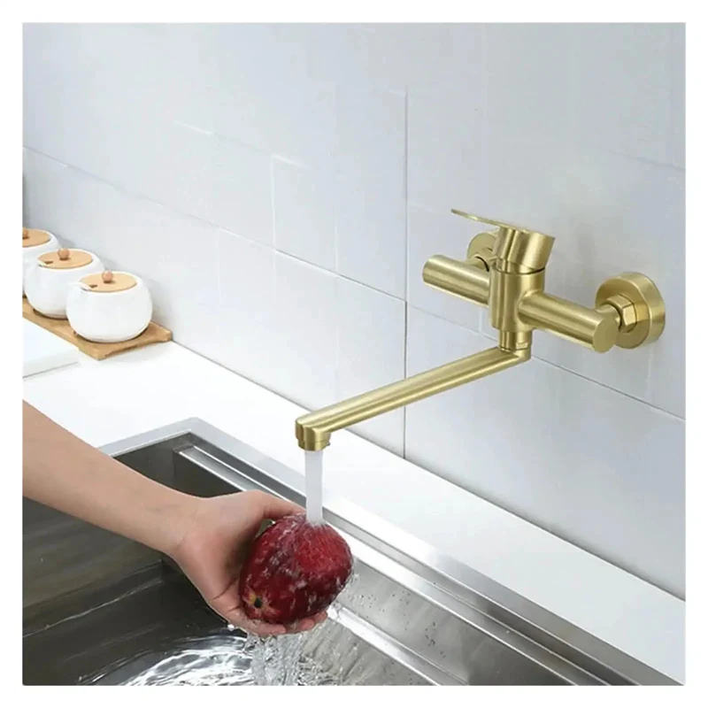 Top Shelf Wall Mounted Kitchen Faucet Featuring 180 Degree Swivel Spout And Separate Hot Cold Handles. Built Tough From Brushed Nickel For Effortless Cleaning And A Crisp Contemporary Vibe Over Any Sink.