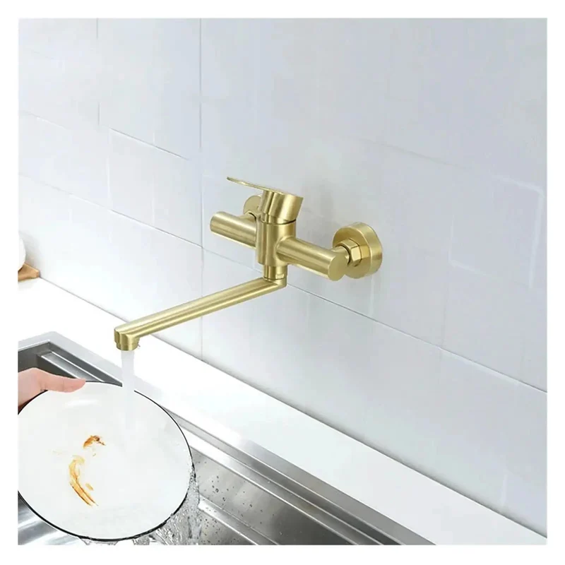 Top Shelf Wall Mounted Kitchen Faucet Featuring 180 Degree Swivel Spout And Separate Hot Cold Handles. Built Tough From Brushed Nickel For Effortless Cleaning And A Crisp Contemporary Vibe Over Any Sink.