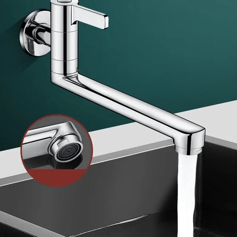Heavy Duty Wall Mount Kitchen Faucet With Single Lever Handle And Extended Swivel Spout To Reach Every Sink Corner For Quick Mop Bucket Filling Built Legit Tough Using Rust Proof 304 Stainless Steel Crafted For Daily Durability And Smooth Operation
