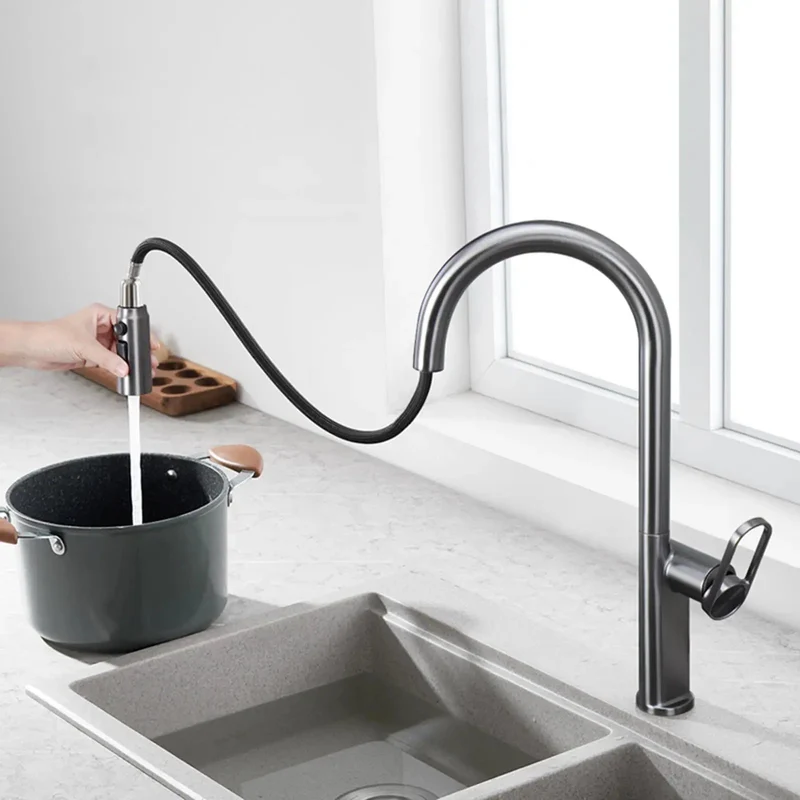 Green Single Hole Kitchen Faucet With Retractable Pull Out Sprayer And 360 Degree Swivel Spout Featuring Gravity Ball Auto Return For Easy Breezy Rinse And Slick Modern Sink Upgrade