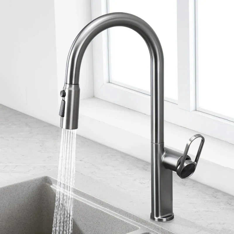 Green Single Hole Kitchen Faucet With Retractable Pull Out Sprayer And 360 Degree Swivel Spout Featuring Gravity Ball Auto Return For Easy Breezy Rinse And Slick Modern Sink Upgrade