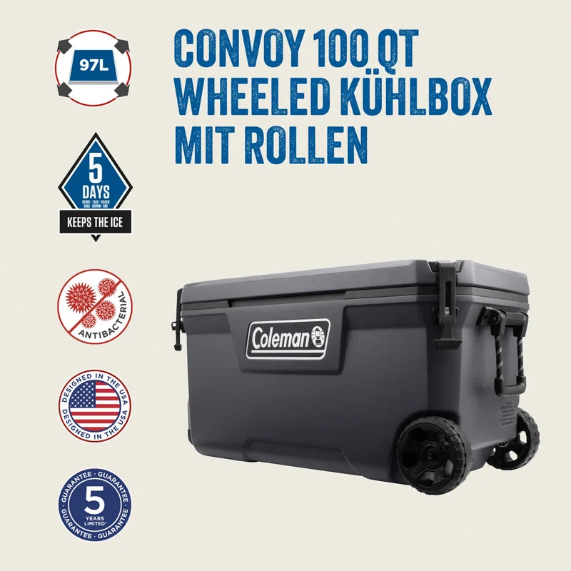 Coleman Convoy 100QT Wheeled | 97 Liter Kühlbox mit Rollen | 5 Tage Kühlung