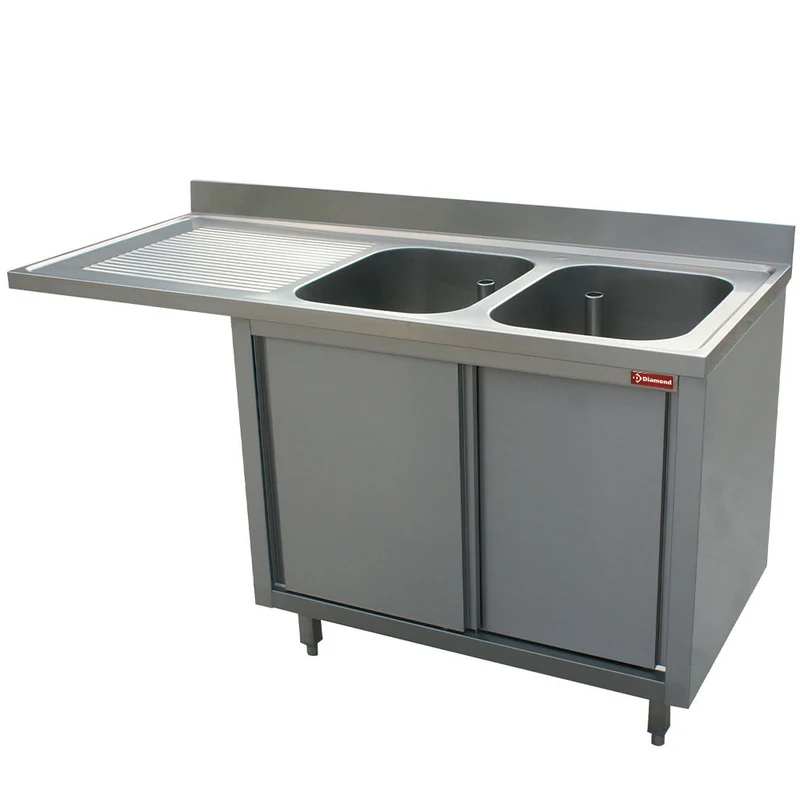 Profi Spültisch mit 2 Becken, Unterschrank & Geschirrspüler-Nische , 160 cm, L1621VS-AS-D