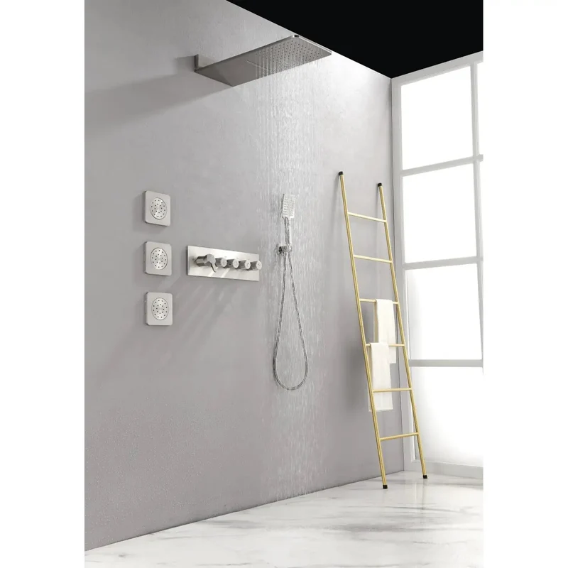 Wall Mounted Waterfall Rain Shower System With 3 Body Sprays And Handheld Shower Brushed Nickel Brass Construction Zero Stress Install Fits Standard Pipe Self Cleaning Silicone Nozzles Keep Flow Smooth All Day