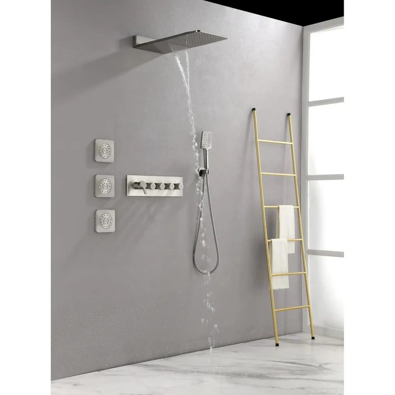Wall Mounted Waterfall Rain Shower System With 3 Body Sprays And Handheld Shower Brushed Nickel Brass Construction Zero Stress Install Fits Standard Pipe Self Cleaning Silicone Nozzles Keep Flow Smooth All Day