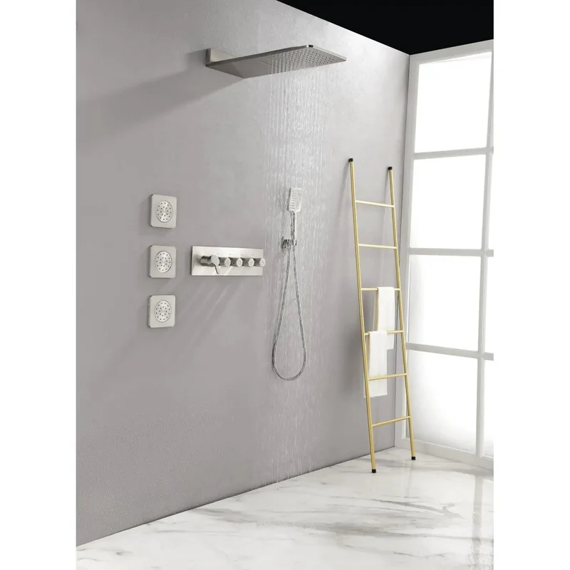 Wall Mounted Waterfall Rain Shower System With 3 Body Sprays And Handheld Shower Brushed Nickel Brass Construction Zero Stress Install Fits Standard Pipe Self Cleaning Silicone Nozzles Keep Flow Smooth All Day