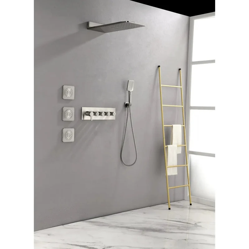 Wall Mounted Waterfall Rain Shower System With 3 Body Sprays And Handheld Shower Brushed Nickel Brass Construction Zero Stress Install Fits Standard Pipe Self Cleaning Silicone Nozzles Keep Flow Smooth All Day