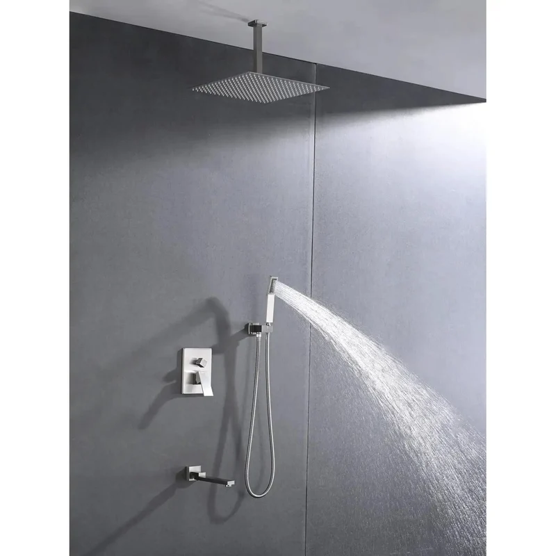 Top Shelf Shower System With Hand Shower And Tub Spout Featuring Rock Solid Brass And Stainless Steel Build Includes Self Cleaning Silicone Nozzle For Easy Maintenance And Delivers Continuous Powerful Water Flow With American Standard Connection