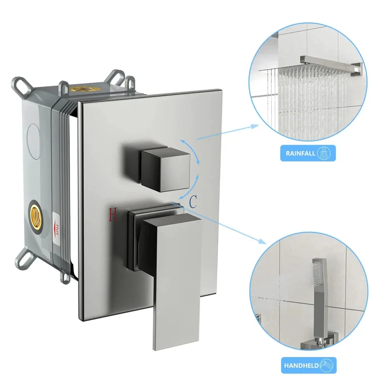 Wall Mounted Square Rainfall Shower System With Heavy Duty Stainless Steel And Rock Solid Brass Frame Featuring Slick Brushed Nickel Finish Adjustable Water Flow And Snazzy Handheld Combo For Your Sweet Bathroom Upgrade