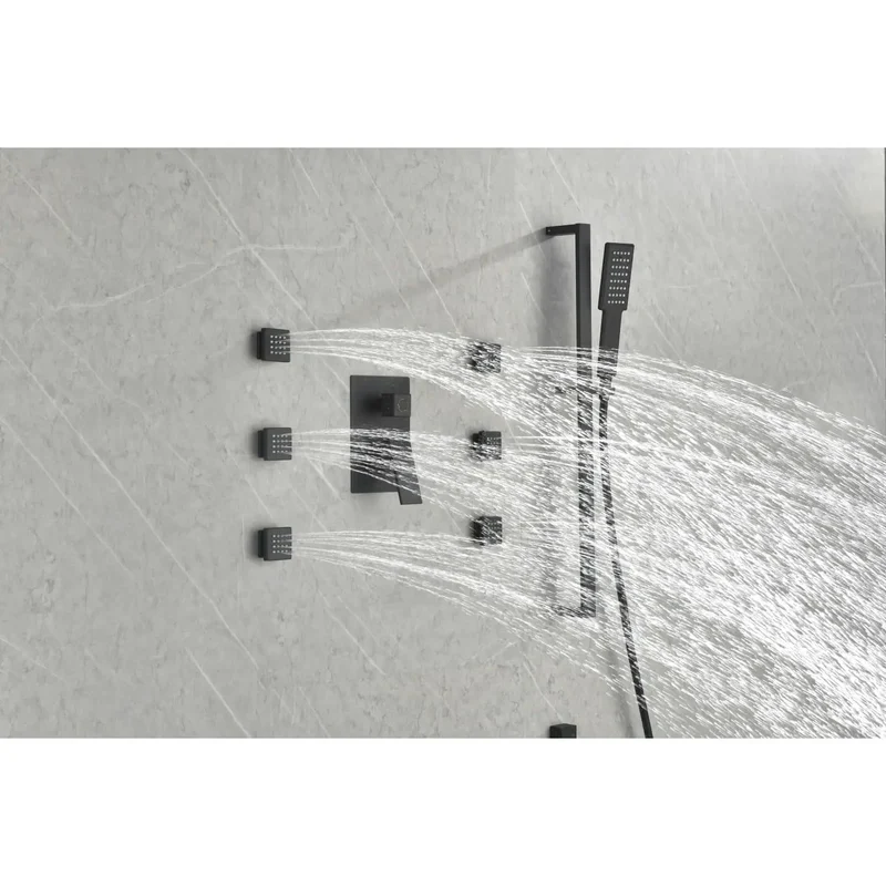 Top Shelf Matte Black Wall Mounted Shower System With Six Heavy Duty Body Sprays And Ergonomic Hand Shower For Hassle Free Bathroom Upgrades That Bring Serious Spa Vibes To Your Space