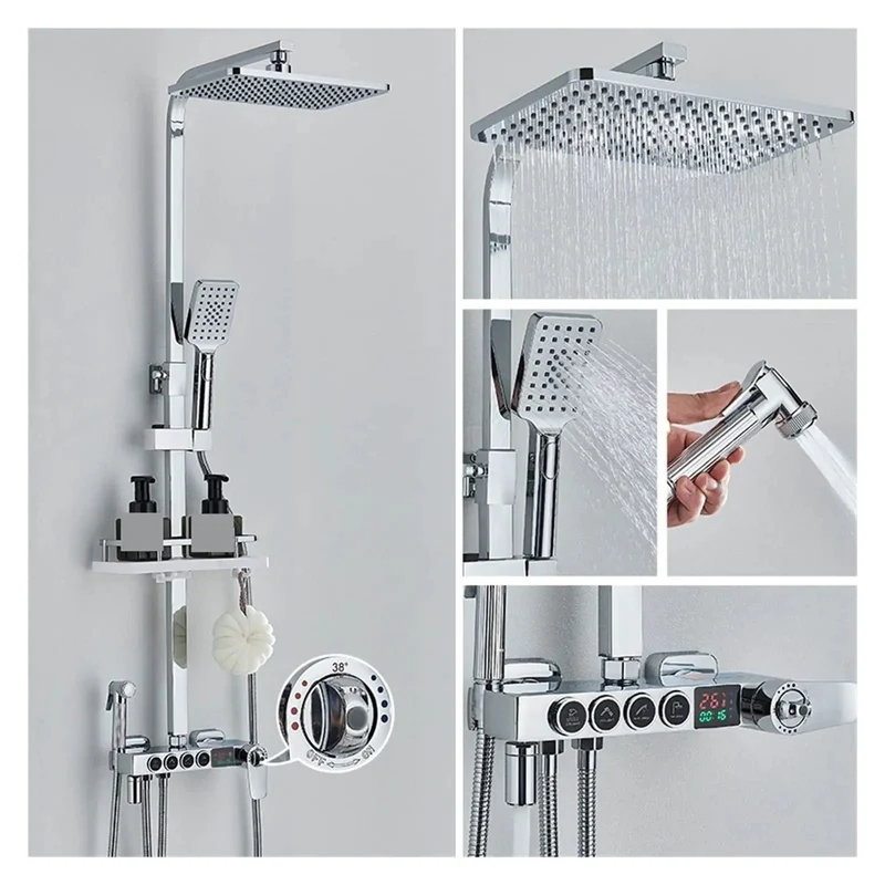 Premium Digital Shower System Hydropower LCD Display Thermostatic Control Smart Flat Switch High Pressure Rainfall Head Air Injection Bathtub Bidet Compatible Black Chrome Finish Four Way Valve Rock Solid Game Changer Upgrade