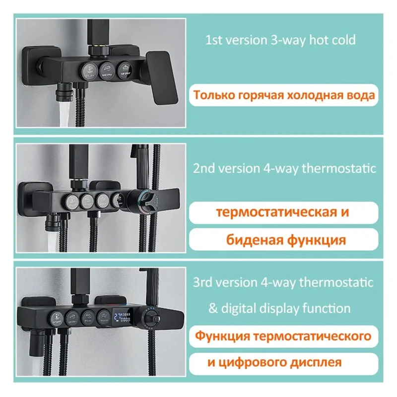 Premium Digital Shower System Hydropower LCD Display Thermostatic Control Smart Flat Switch High Pressure Rainfall Head Air Injection Bathtub Bidet Compatible Black Chrome Finish Four Way Valve Rock Solid Game Changer Upgrade