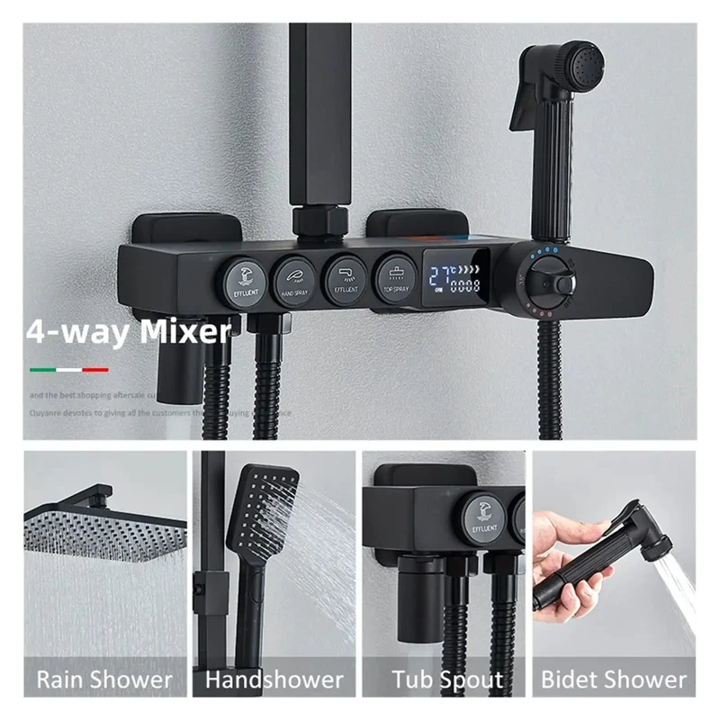 Slick Black Digital Thermostatic Shower Kit With A Badass Rainfall Head And Smooth Hydropower LCD Interface For Tub Or Bidet Upgrades That Feel Pretty Darn Good