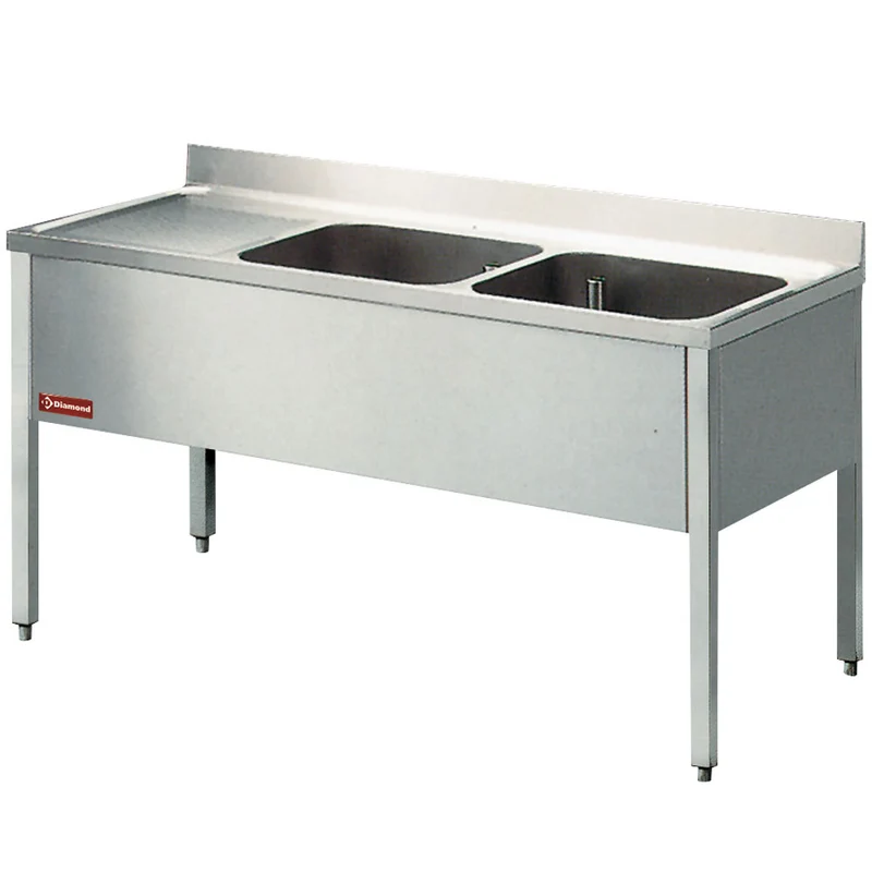 Gastro Doppelspültisch 160 cm , 2 Becken & Abtropffläche links , Edelstahl, L1620S-KD-D