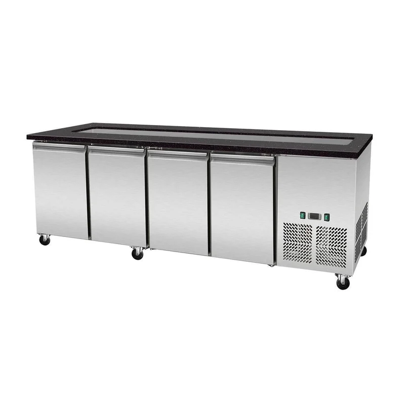 Salattheke, SNACK-Line, Kalte Theke, 6x GN1/1, Granit Star Galaxy schwarz, 223x82x85.5 Glasaufbau Klarglas schwarzer Rand, ohne Zwischenablage H=396mm