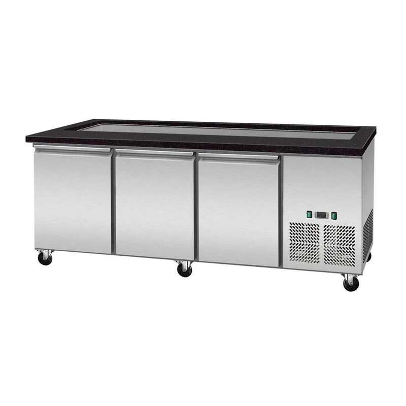 Salattheke, SNACK-Line, Kalte Theke, 5x GN1/1, Granit Star Galaxy schwarz, 188x82x85.5 Glasaufbau Klarglas schwarzer Rand, ohne Zwischenablage H=396mm