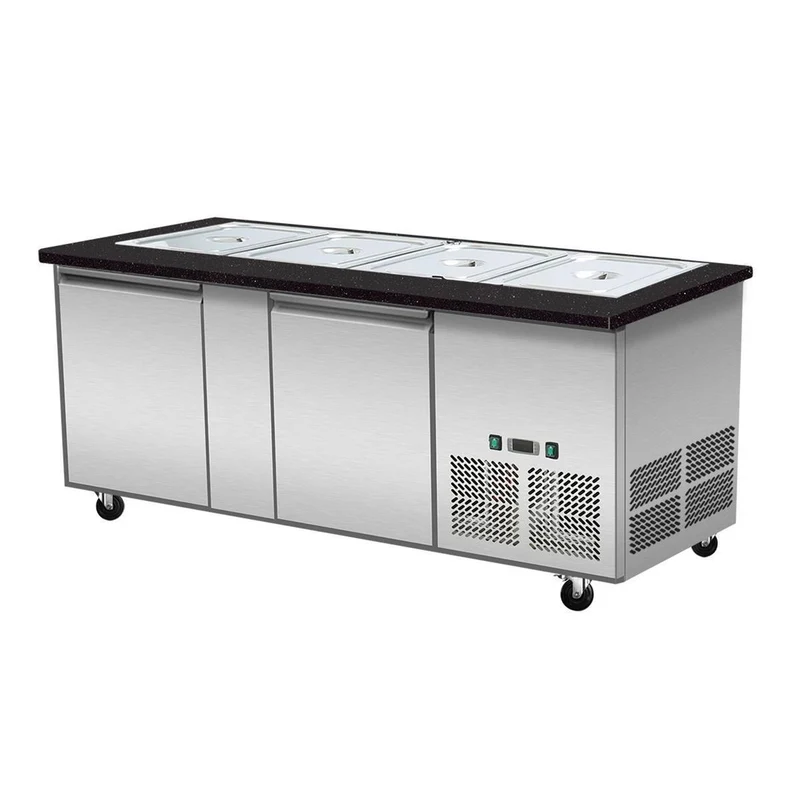 Salattheke, SNACK-Line, Kalte Theke, 4x GN1/1, Granit Star Galaxy schwarz, 153x82x85.5 Glasaufbau Klarglas schwarzer Rand, ohne Zwischenablage H=396mm