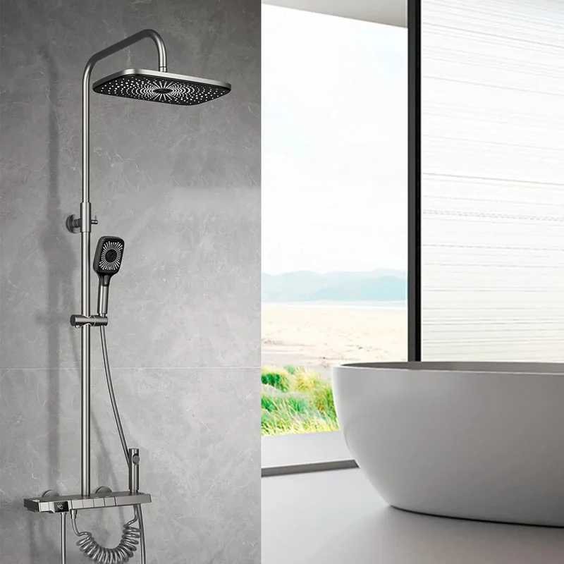 Solid Thermostatic Shower System With Digital Temp Control Four Function Faucet Set Featuring Handheld Sprayer And Waterfall Tub Spout For A Hassle Free Bathroom Setup That Hits Different Every Single Day