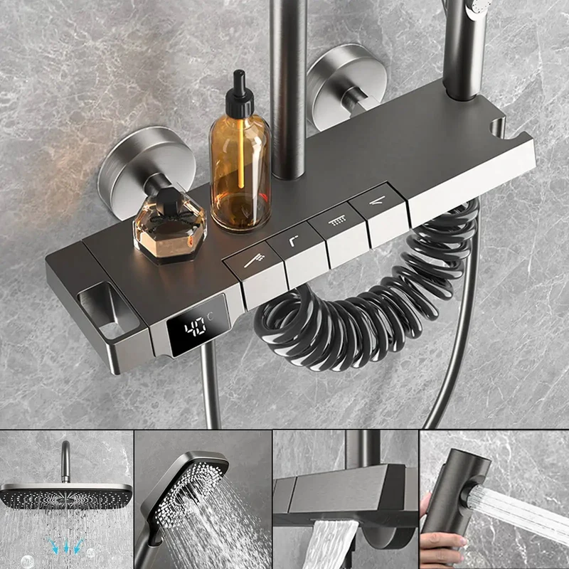 Solid Thermostatic Shower System With Digital Temp Control Four Function Faucet Set Featuring Handheld Sprayer And Waterfall Tub Spout For A Hassle Free Bathroom Setup That Hits Different Every Single Day