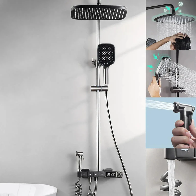 Solid Thermostatic Shower System With Digital Display And 40 Degree Constant Temp Valve Features Four Function Mixer Rain Shower Head Bathtub Faucet And Bidet Sprayer For Quick Bathroom Refresh