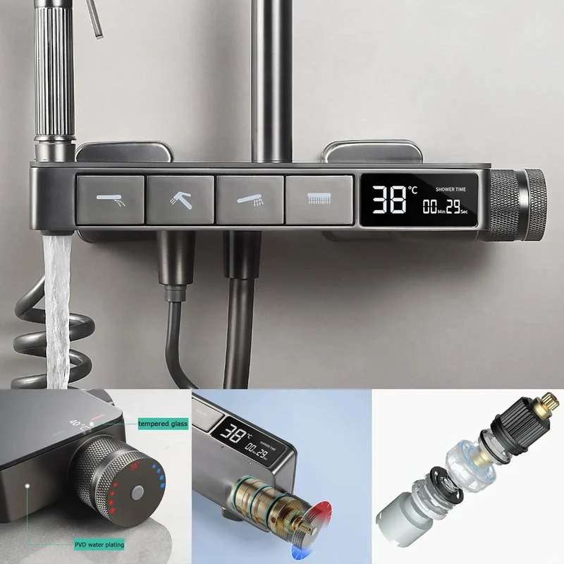 Solid Thermostatic Shower System With Digital Display And 40 Degree Constant Temp Valve Features Four Function Mixer Rain Shower Head Bathtub Faucet And Bidet Sprayer For Quick Bathroom Refresh