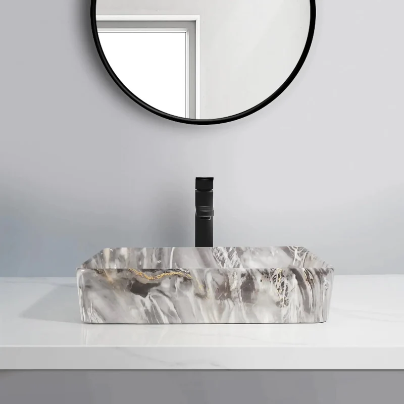 Square Ceramic Vessel Bathroom Sink Featuring Realistic Marble Veining Modern Countertop Wash Basin Swoon Worthy Vanity Bowl For Master Baths Smooth Ceramic Glaze Effortless Maintenance Durable Build