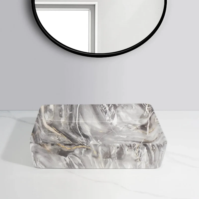 Square Ceramic Vessel Bathroom Sink Featuring Realistic Marble Veining Modern Countertop Wash Basin Swoon Worthy Vanity Bowl For Master Baths Smooth Ceramic Glaze Effortless Maintenance Durable Build