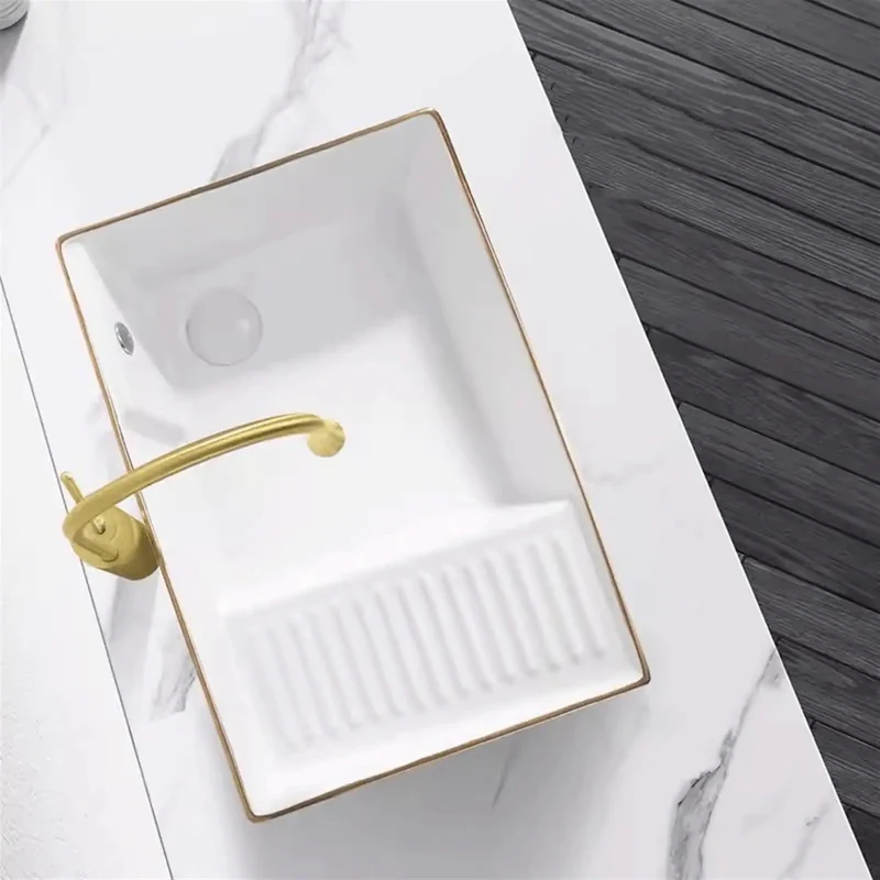 High Grade Ceramic Vessel Sink For Above Counter Installation With Side Drain Anti Overflow Design And Integrated Washboard Perfect For Tight Bathrooms Or Stylish Apartments Seeking A Real Glow Up