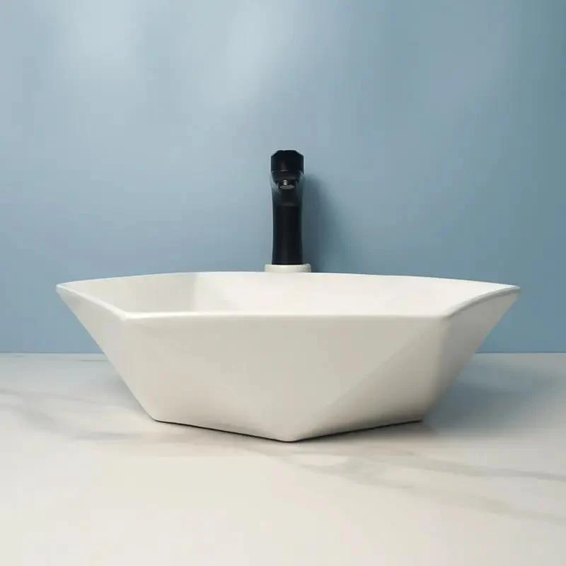 Premium Anti Scratch Glaze Surface Mounted Hexagonal Ceramic Vessel Sink Straight Up Slick Artistic Wash Basin For Modern Bathroom Vanity Sink For Hotels And Spas