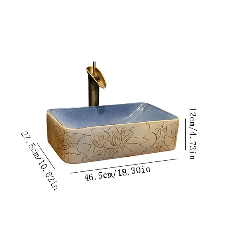 Killer Rectangular Ceramic Vessel Sink Featuring A Sleek Lotus Pattern Really Hitting The Spot For Upgrading Your Countertop Bathroom Washbasin Setup Today