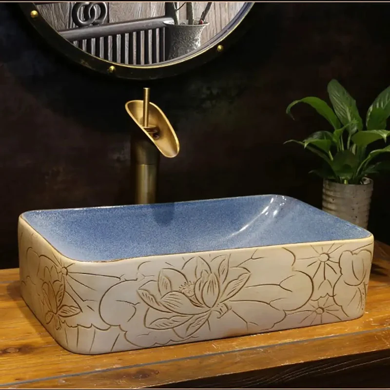 Killer Rectangular Ceramic Vessel Sink Featuring A Sleek Lotus Pattern Really Hitting The Spot For Upgrading Your Countertop Bathroom Washbasin Setup Today