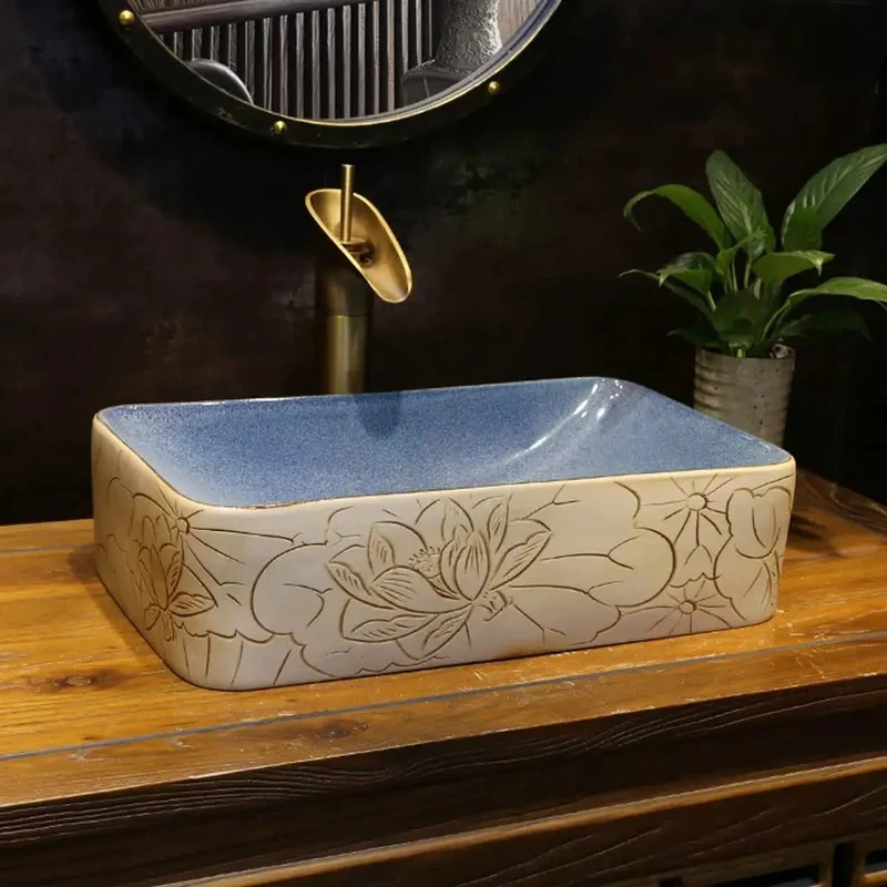 Killer Rectangular Ceramic Vessel Sink Featuring A Sleek Lotus Pattern Really Hitting The Spot For Upgrading Your Countertop Bathroom Washbasin Setup Today