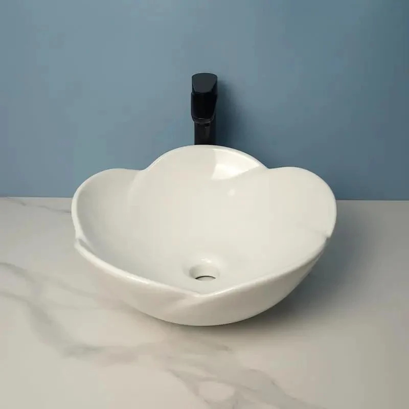 Top Tier Ceramic Vessel Sink For Bathroom Counter Straight Up Sleek White Wash Basin With Smooth As Glass Finish Hassle Free Cleaning And Low Key Stunning Petal Shape For Effortless Daily Use