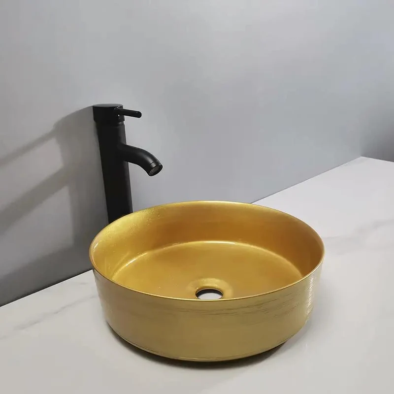 Round Golden Vessel Bathroom Sink Modern Counter Basin Art Wash Bowl Featuring Smooth Stain Resistant Glaze For No Sweat Cleanup And Drop Dead Gorgeous Long Shine