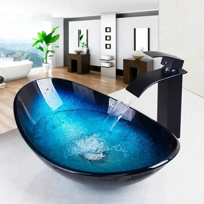 Slick Tempered Glass Vessel Washbasin With Crisp Modern Base Design And Easy Wipe Surface Killer Vanity Faucet Set For Fresh Bathroom Reno Smooth Stylish Home Accent Piece Premium