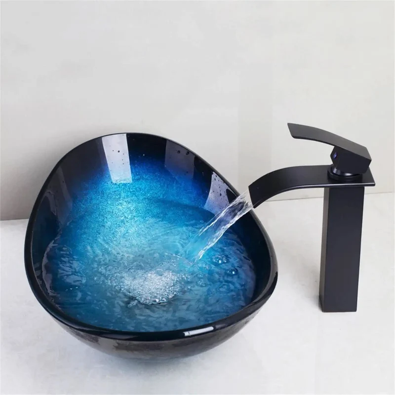Slick Tempered Glass Vessel Washbasin With Crisp Modern Base Design And Easy Wipe Surface Killer Vanity Faucet Set For Fresh Bathroom Reno Smooth Stylish Home Accent Piece Premium