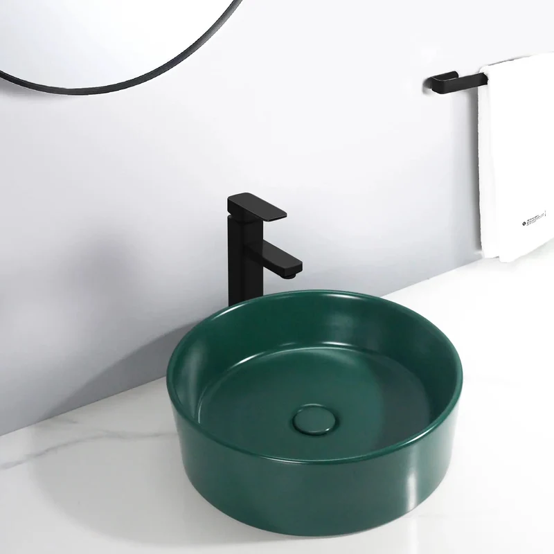 Round Ceramic Vessel Sink Above Counter With Butter Smooth Dark Green Glaze Nonporous Stain Resistant Finish No Hassle Cleanup Drop Dead Gorgeous Contemporary Bathroom Art Basin