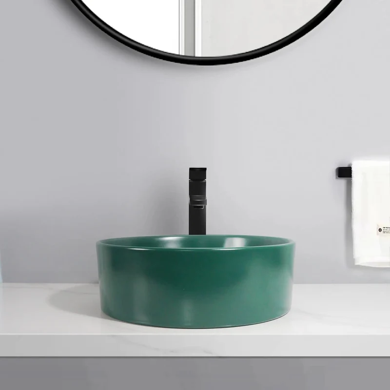 Round Ceramic Vessel Sink Above Counter With Butter Smooth Dark Green Glaze Nonporous Stain Resistant Finish No Hassle Cleanup Drop Dead Gorgeous Contemporary Bathroom Art Basin