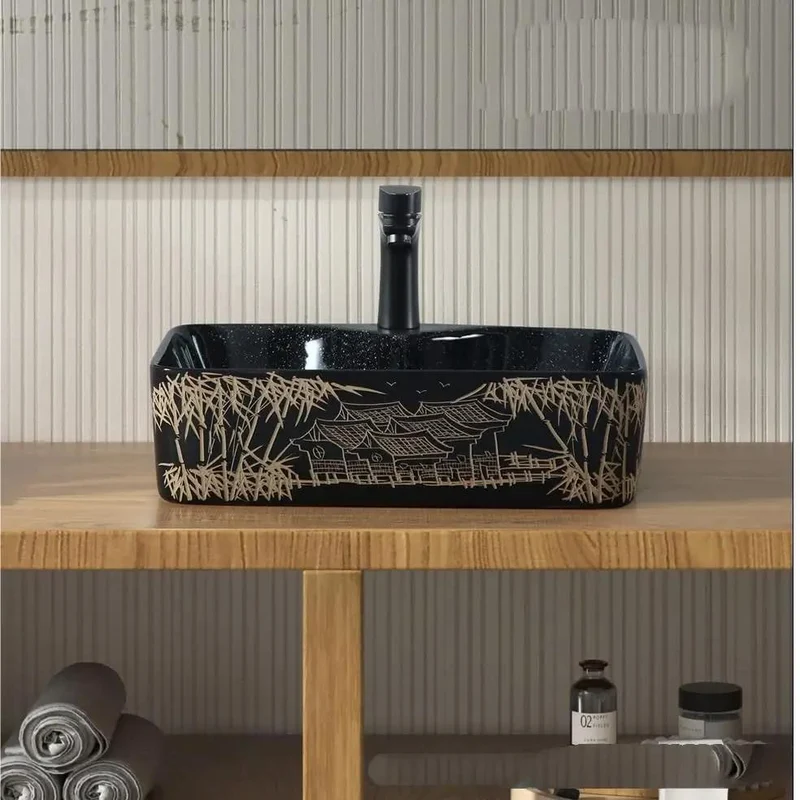 Chic Retro Ceramic Bathroom Sink Featuring Hand Carved Pattern Easy Clean Countertop Vessel Basin Non Yellowing Surface Ideal Bathroom Glow Up And Hassle Free Daily Cleaning For Stylish Household Setup