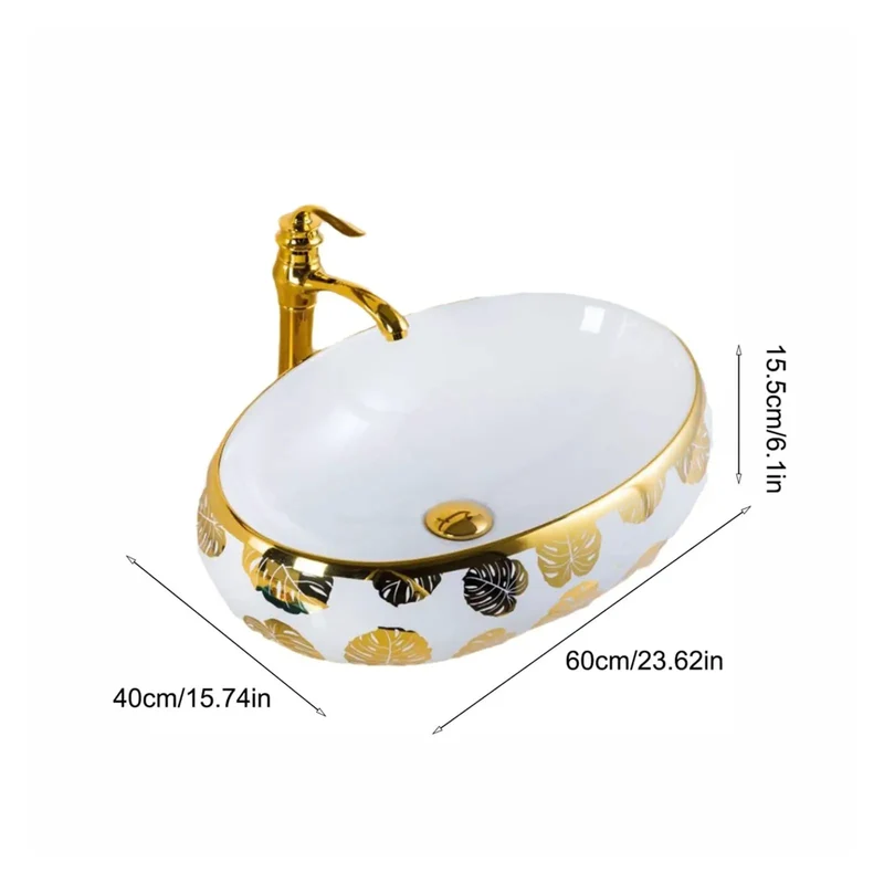 Sleek Oval Vessel Bathroom Sink With Rich Gold Leaf Floral Motif No Fuss Clean Slick Surface Fresh Shine Finish Above Counter Wash Basin Heavy Duty Build