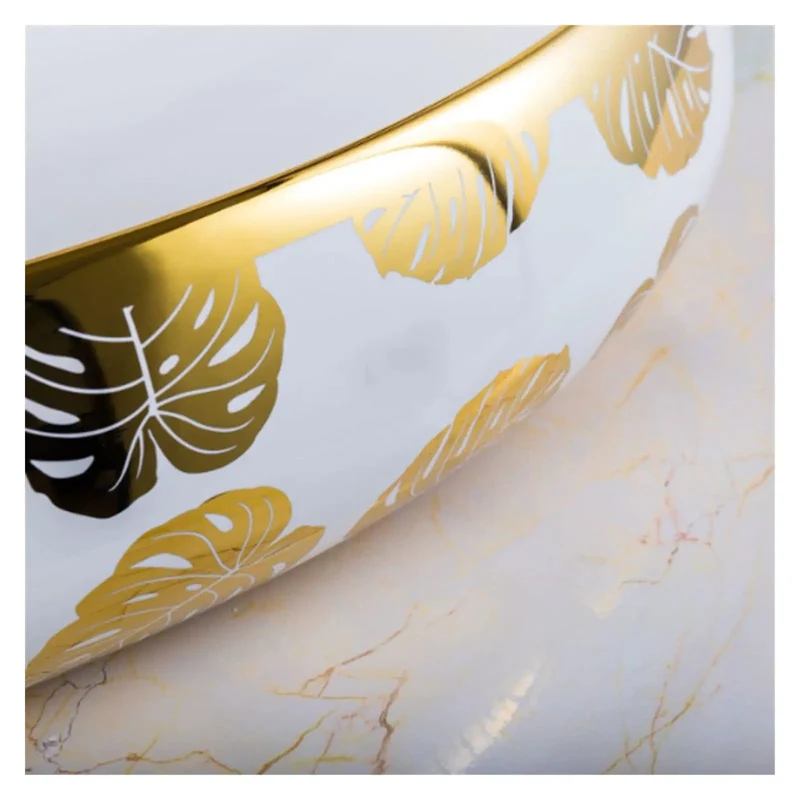 Sleek Oval Vessel Bathroom Sink With Rich Gold Leaf Floral Motif No Fuss Clean Slick Surface Fresh Shine Finish Above Counter Wash Basin Heavy Duty Build