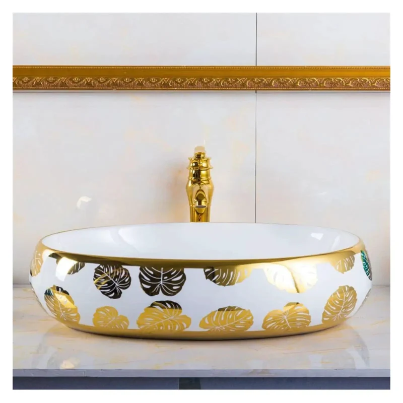 Sleek Oval Vessel Bathroom Sink With Rich Gold Leaf Floral Motif No Fuss Clean Slick Surface Fresh Shine Finish Above Counter Wash Basin Heavy Duty Build
