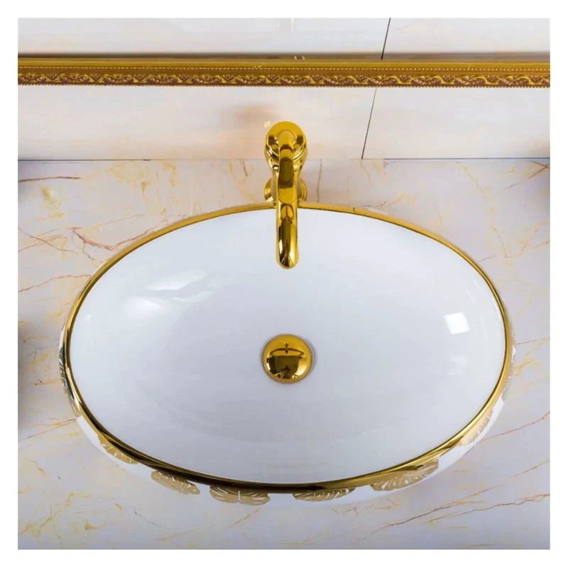 Sleek Oval Vessel Bathroom Sink With Rich Gold Leaf Floral Motif No Fuss Clean Slick Surface Fresh Shine Finish Above Counter Wash Basin Heavy Duty Build