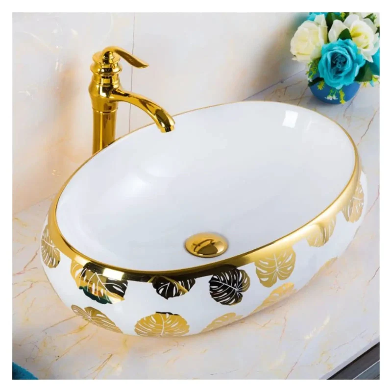 Sleek Oval Vessel Bathroom Sink With Rich Gold Leaf Floral Motif No Fuss Clean Slick Surface Fresh Shine Finish Above Counter Wash Basin Heavy Duty Build