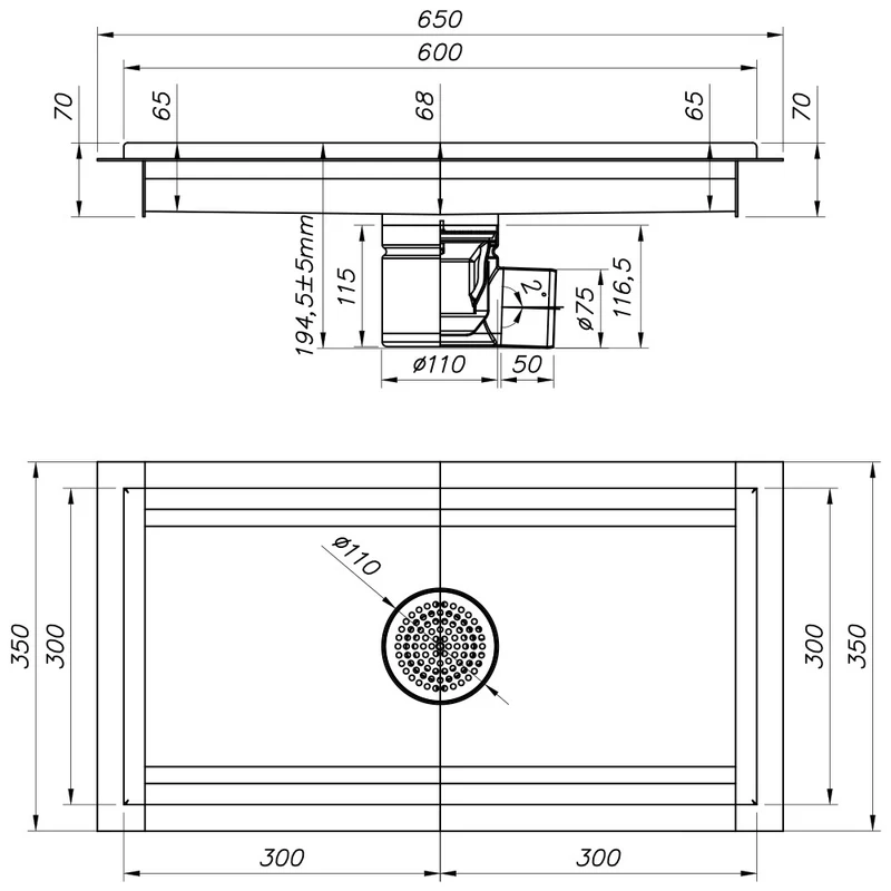 Edelstahl Kastenrinne 600x300 mm , Profi-Bodenablauf für Gastronomie, GS63-H