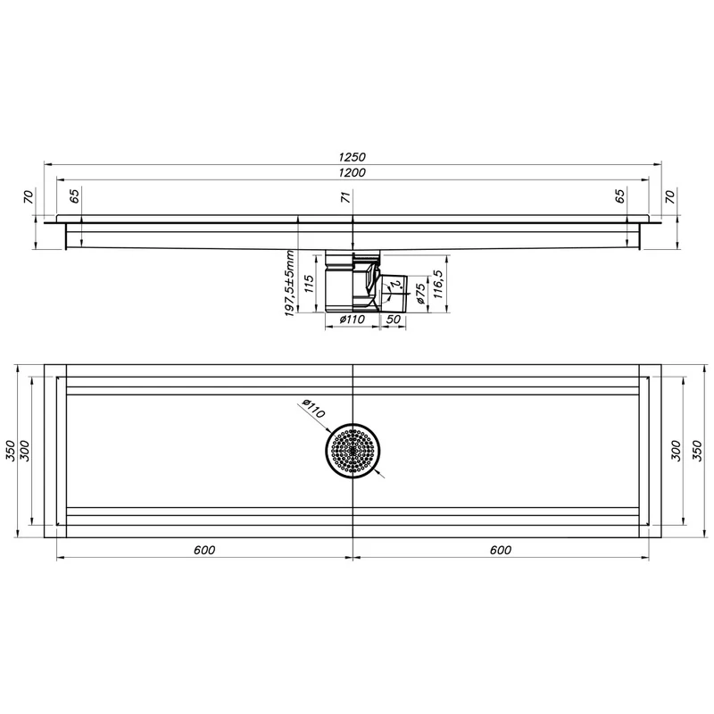 Kastenrinne aus Edelstahl CNS , 1200x300 mm , Seitlicher Ablauf, GS123-H